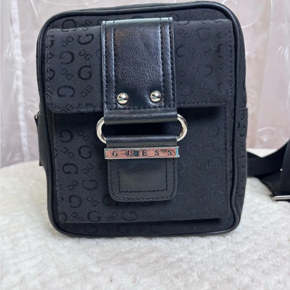 Guess Black Monogram Canvas Crossbody w/Silvertone Logo Buckle